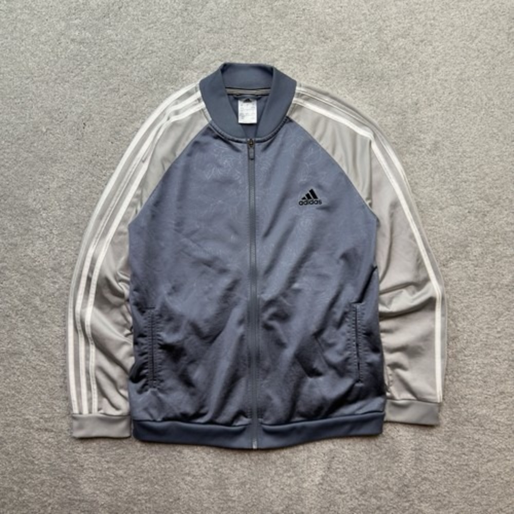 adidas Floral Track Jacket Women's Large Blue Gray 3 Stripe Full Zip